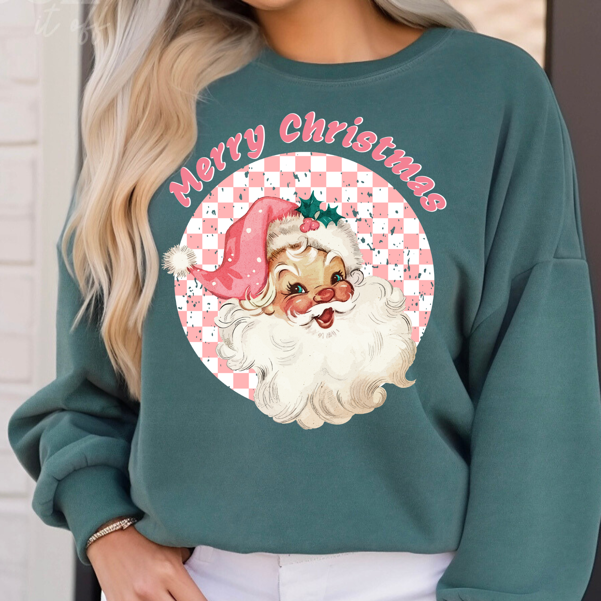 MERRY CHRISTMAS CHECKERED SANTA - BLUE SPRUCE CREWNECK
