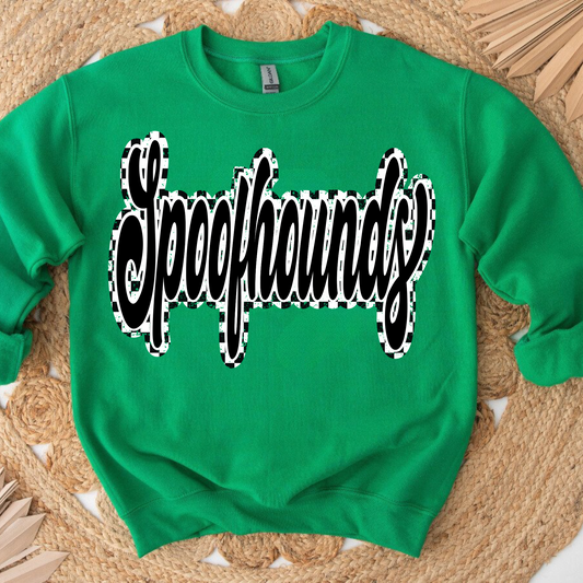 Checkered Script Spoofhound Kelly Green Crewneck