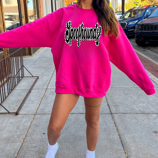 Checkered Script Spoofhounds Pink Crewneck