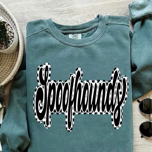 Checkered Script Spoofhounds Blue Spruce Crewneck