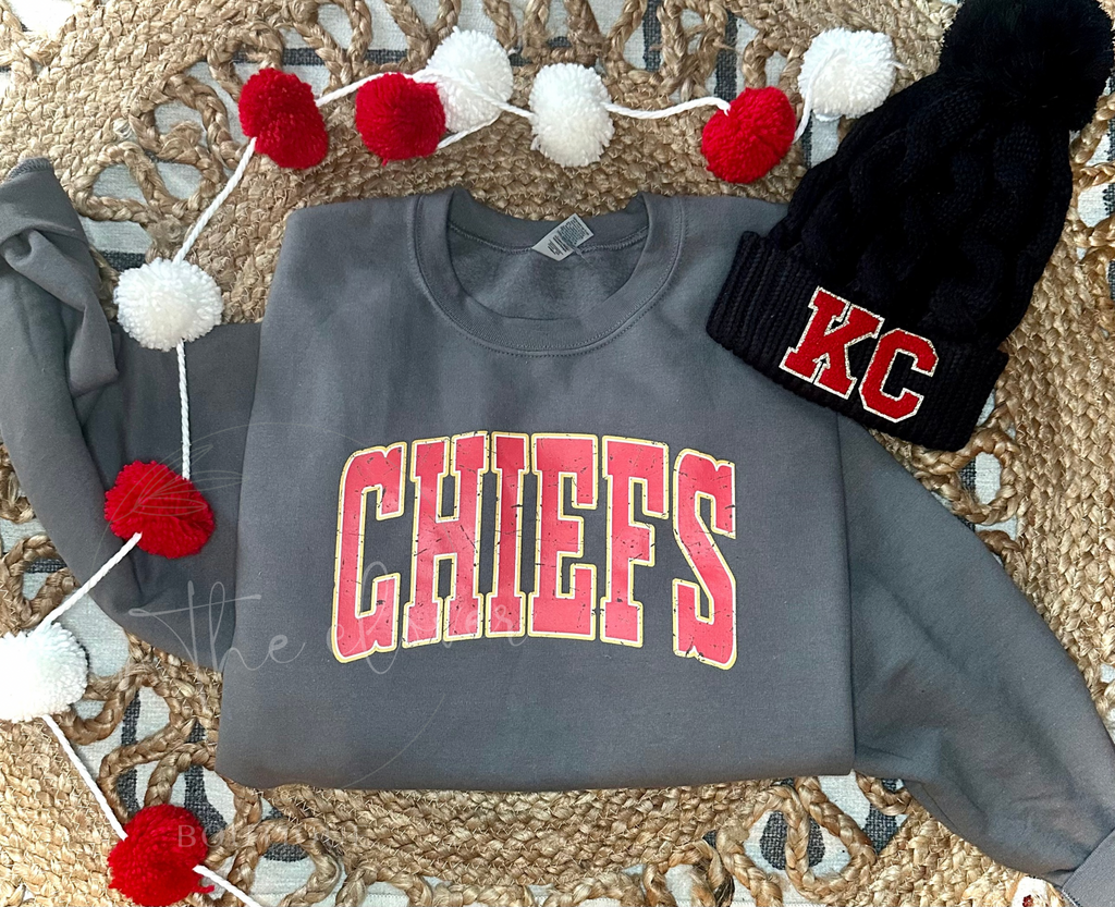 DISTRESSED RED CHIEFS - CHARCOAL CREWNECK