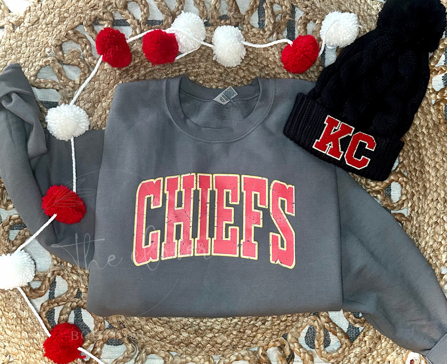 DISTRESSED RED WHITE GOLD CHIEFS - CHARCOAL CREWNECK