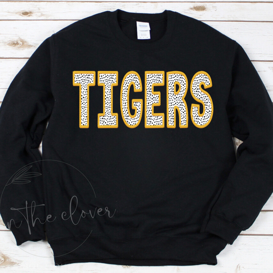 Tigers Gold Faux Embroidery Black Crewneck