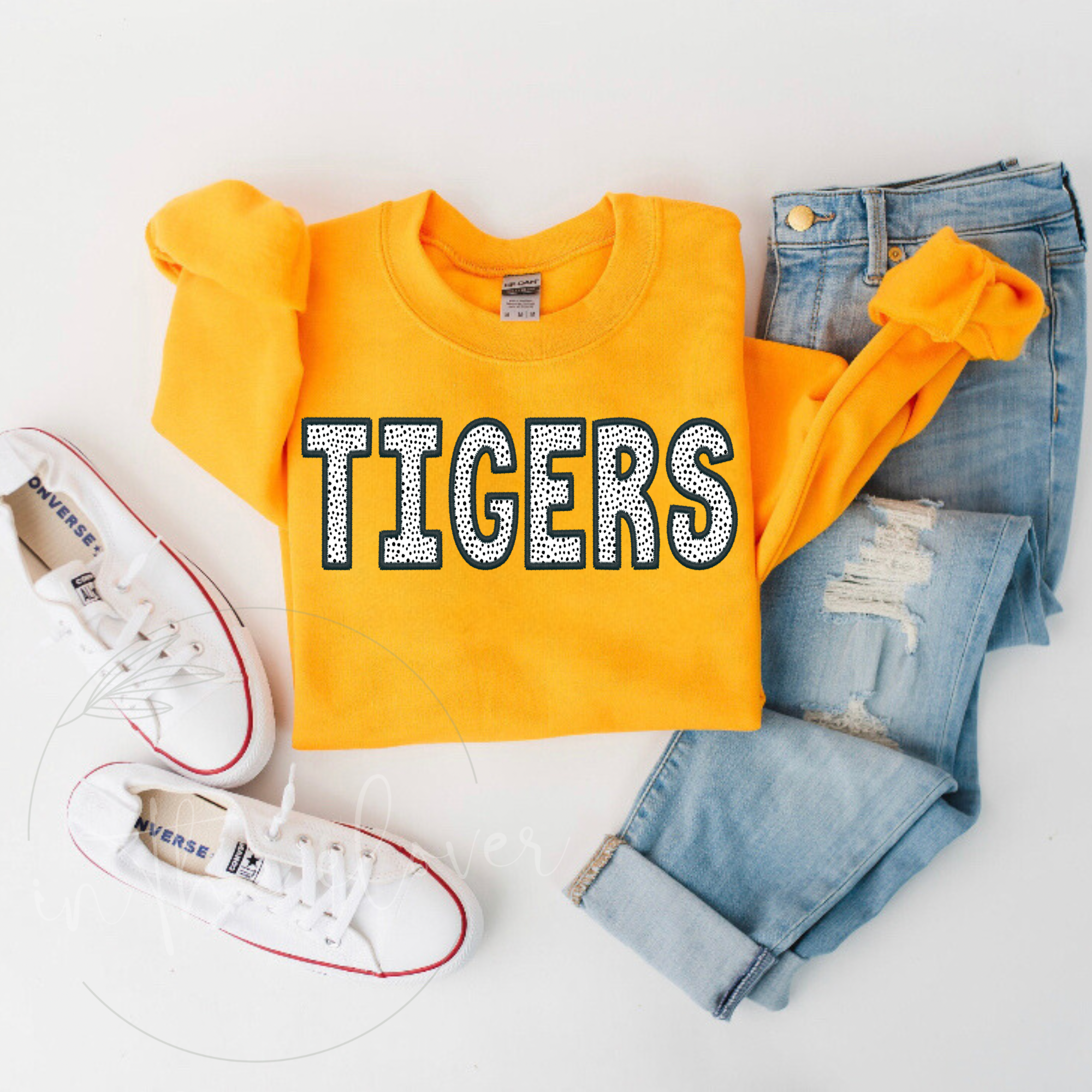 Tigers Black Faux Embroidery Gold Crewneck