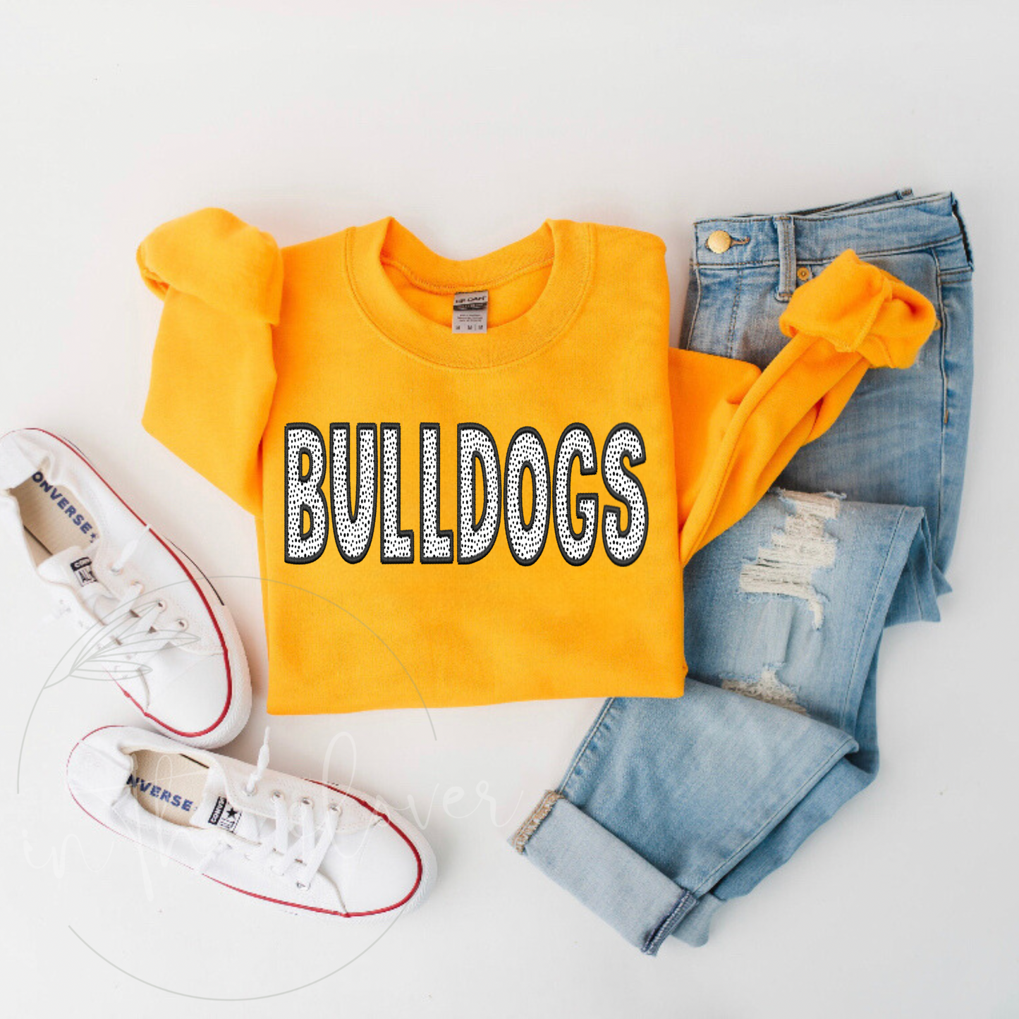 Dotted Bulldogs Black Faux Embroidery Gold Crewneck