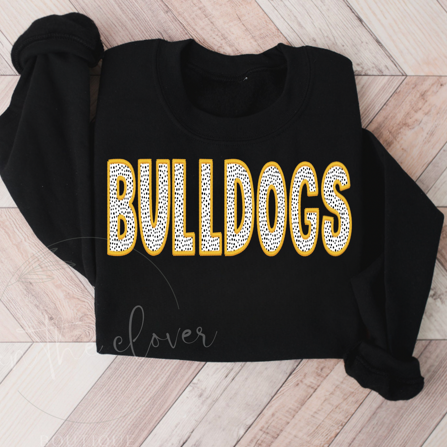 Dotted Bulldogs Gold Faux Embroidery Black Crewneck