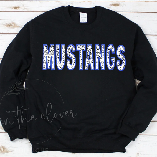 Dotted Mustangs Blue Faux Embroidery Black Crewneck