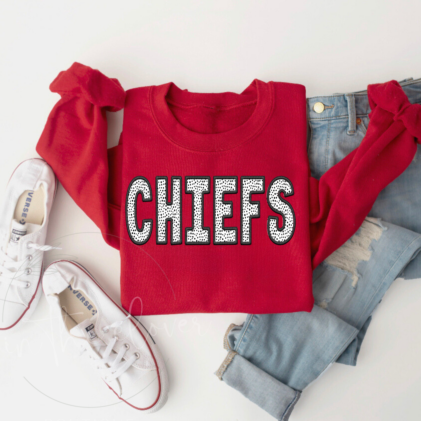 Dotted Chiefs Faux Embroidery Red Crewneck