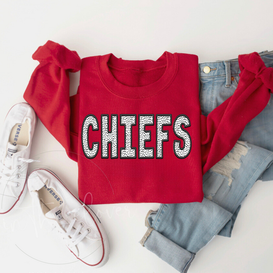 Dotted Chiefs Faux Embroidery Red Crewneck
