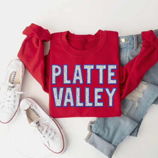 Dotted Platte Valley Blue Faux Embroidery Red Crewneck