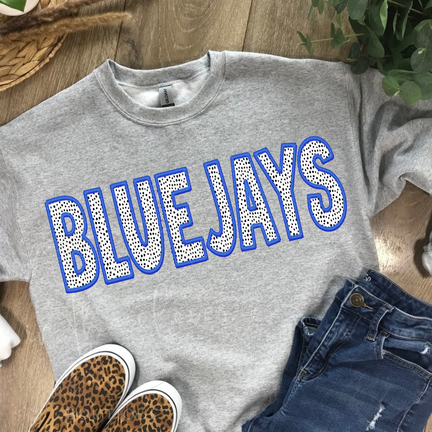 Dotted Bluejays Blue Faux Embroidery Grey Crewneck