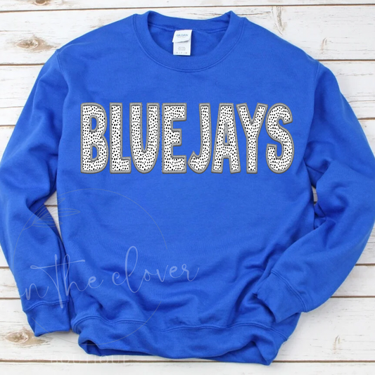 Dotted Bluejays Grey Faux Embroidery Blue Crewneck