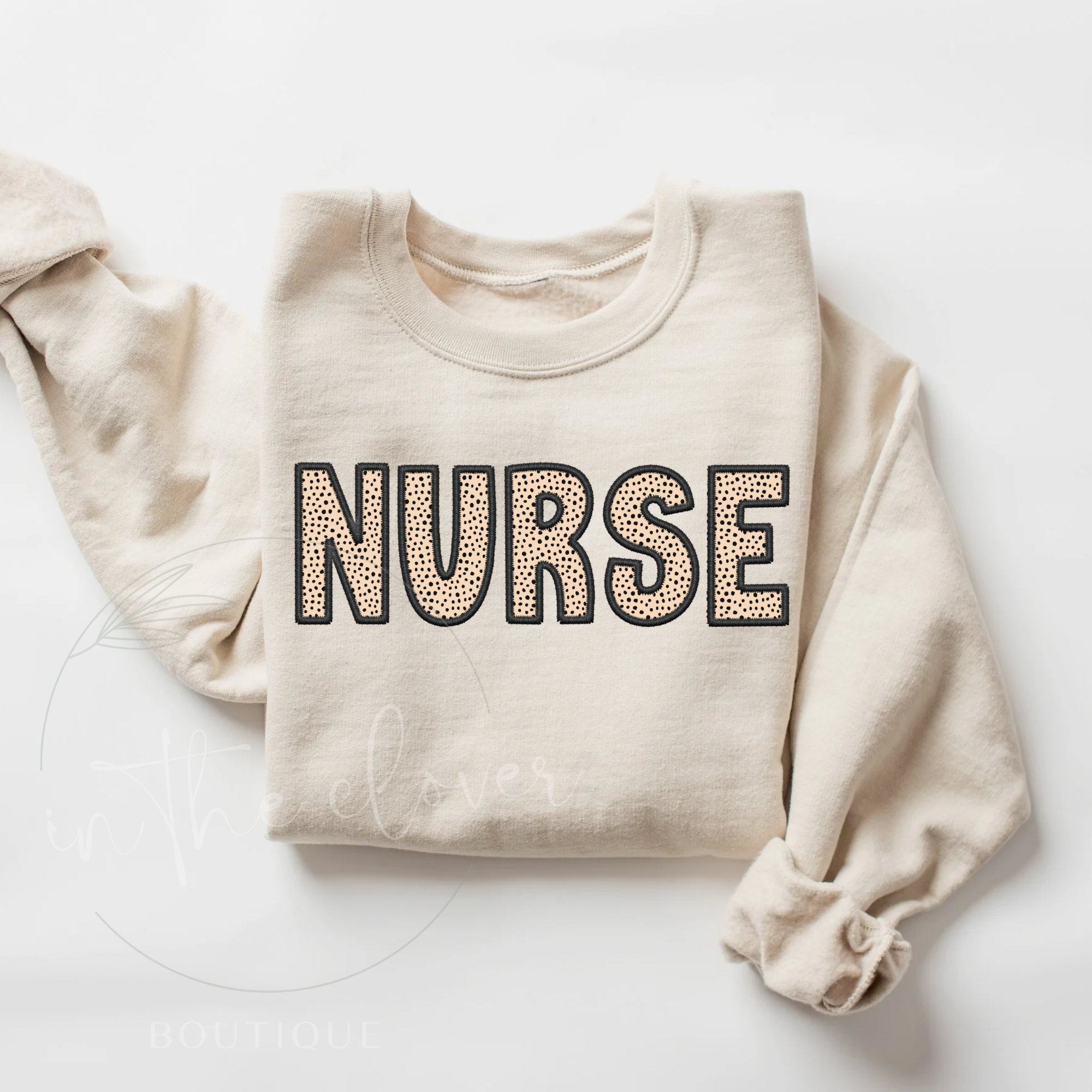 Neutral Dotted Nurse Faux Embroidery Sand Crewneck