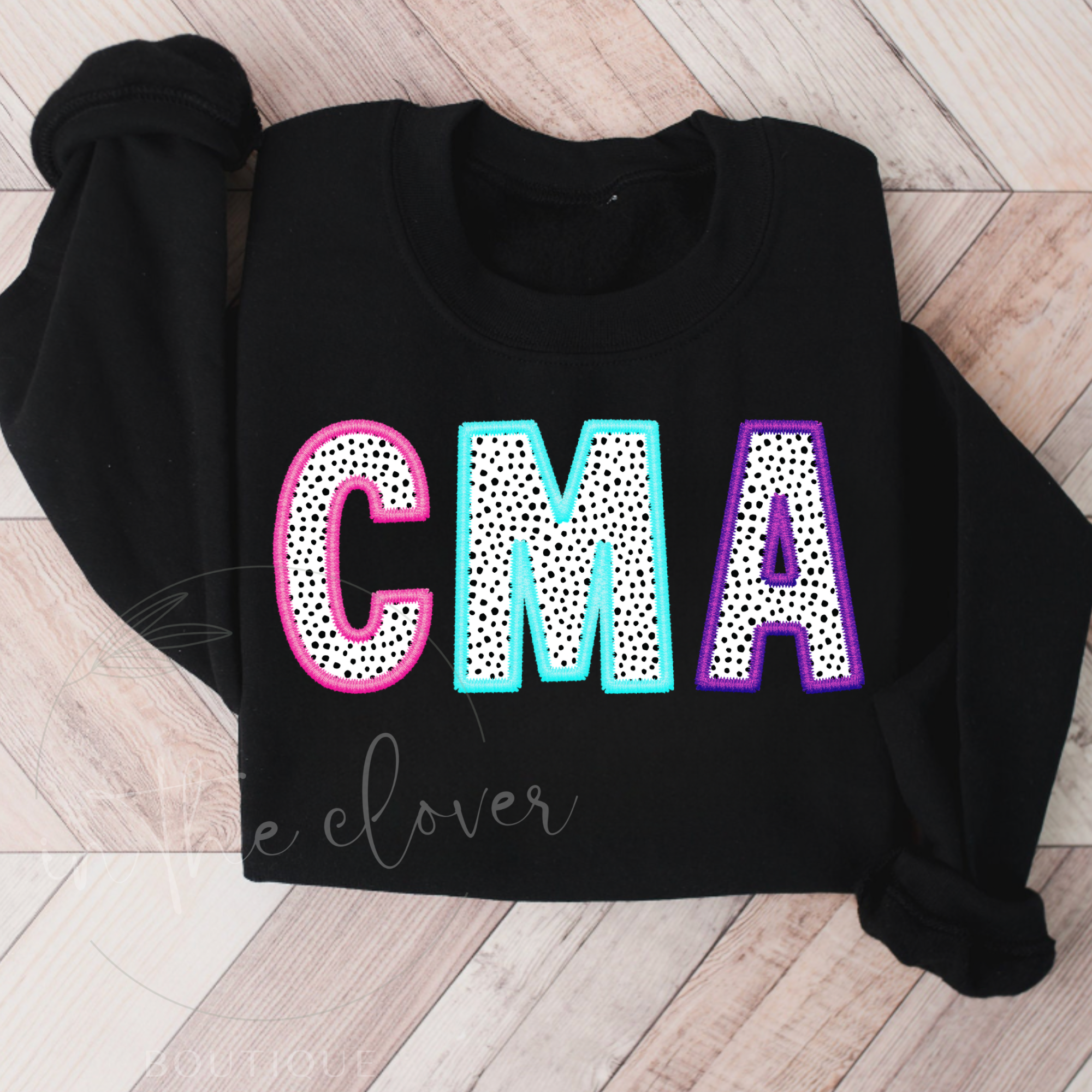 Dotted CMA Faux Embroidery Black Crewneck