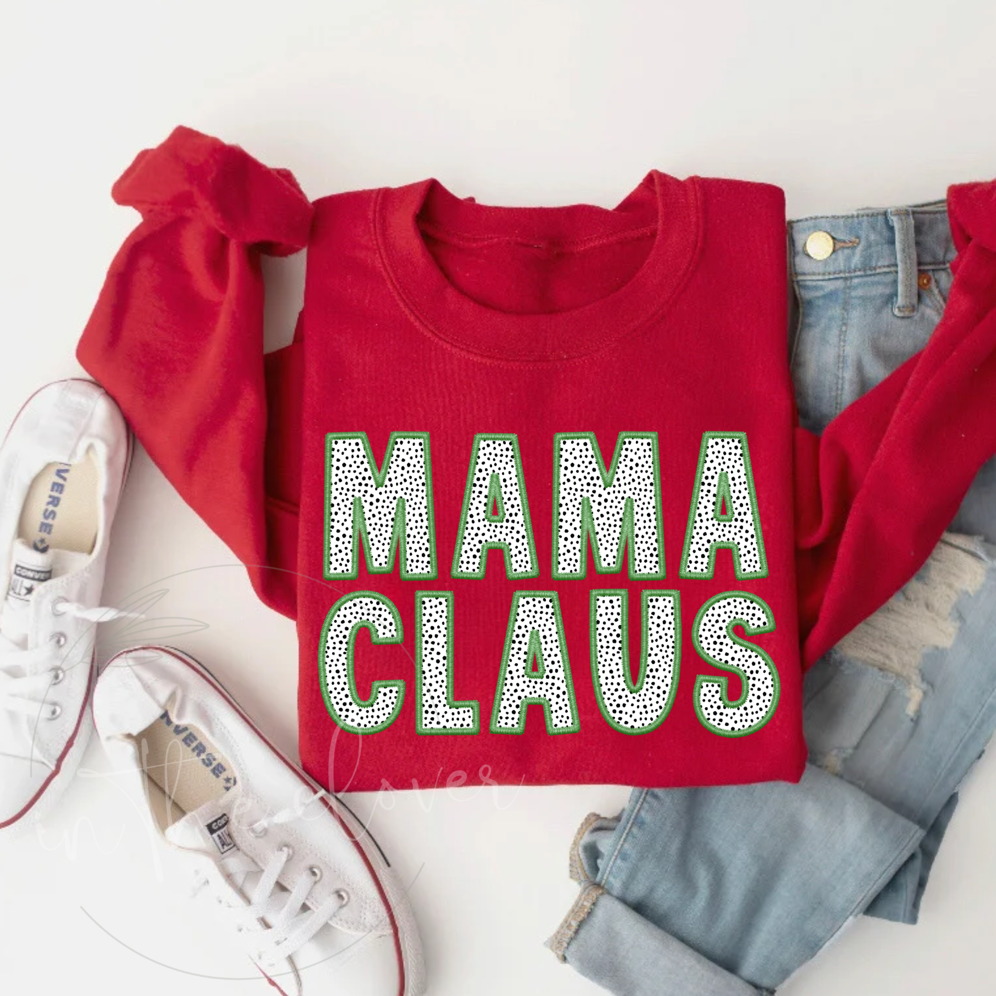 Mama Claus Green Faux Embroidery Red Crewneck