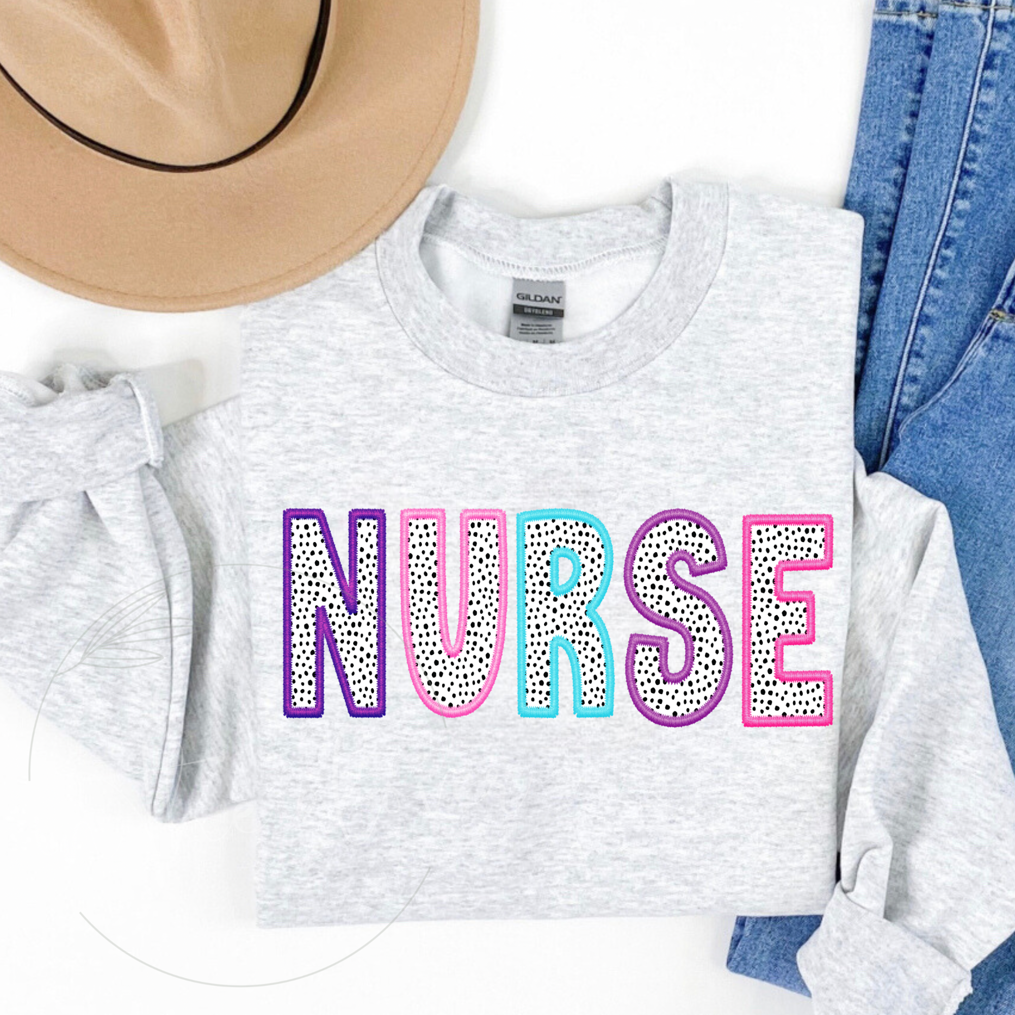 PASTEL Nurse Faux Embroidery Ash Grey Crewneck