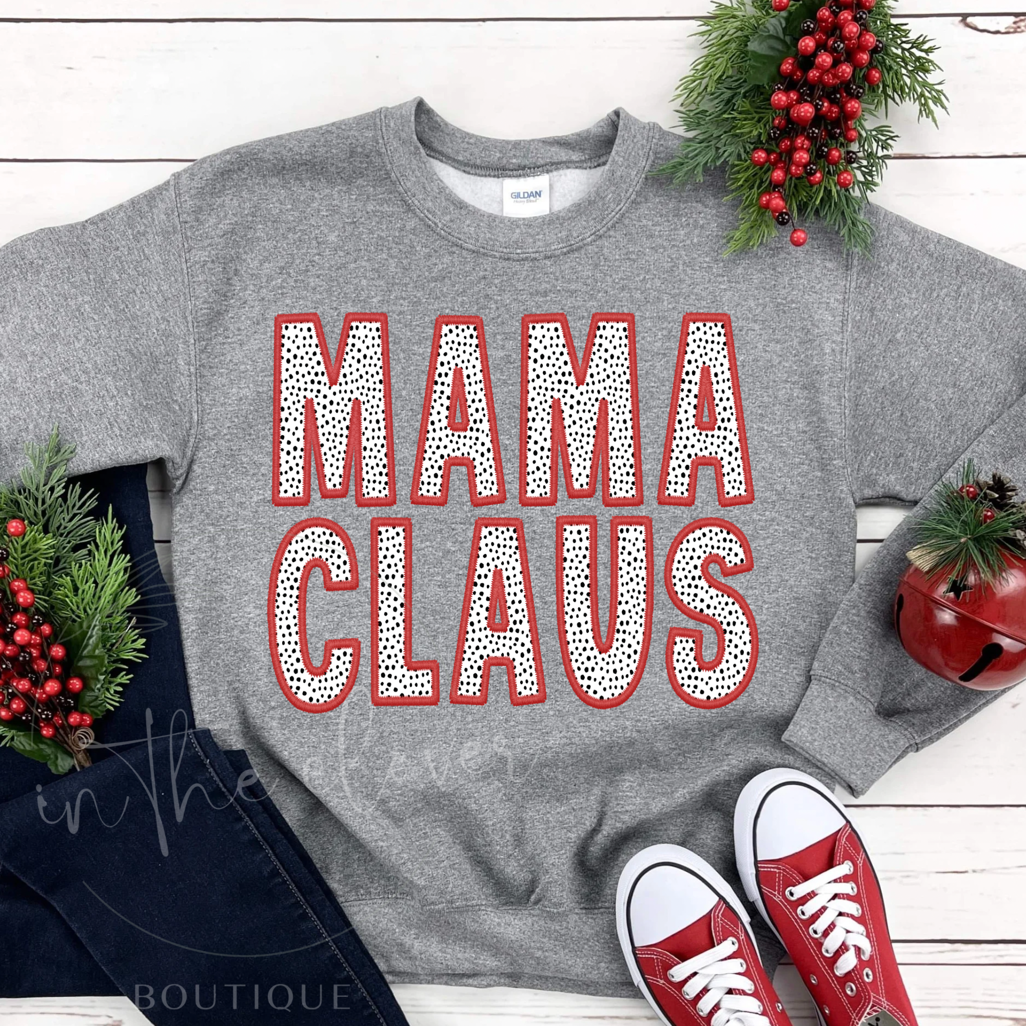 Mama Claus Red Faux Embroidery Grey Crewneck