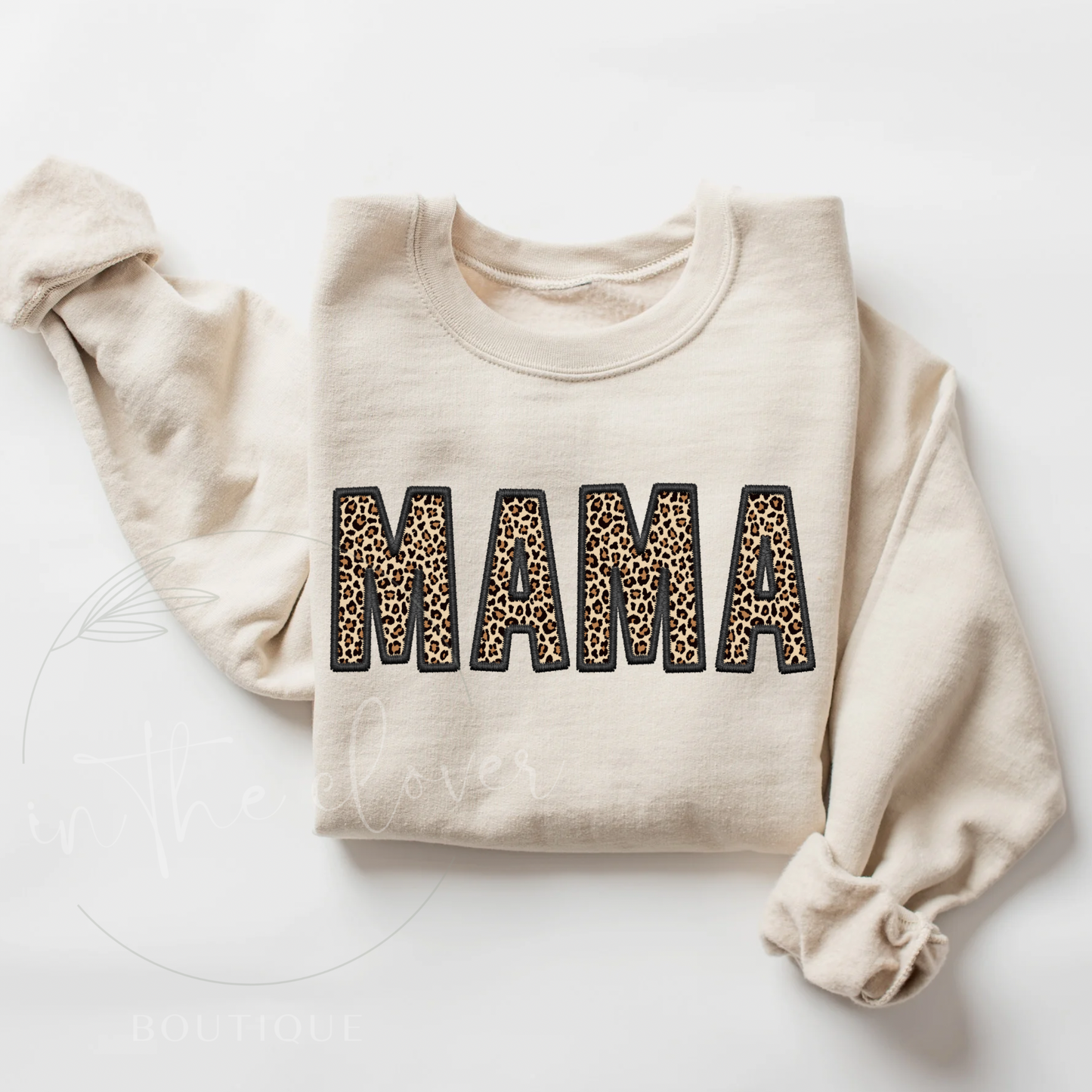 Mama Leopard Black Faux Embroidery Sand Crewneck