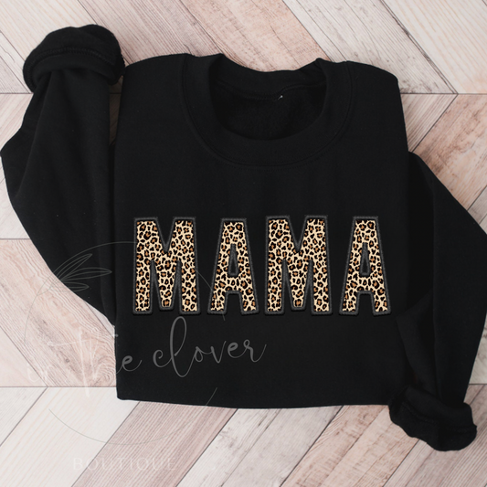 Mama Leopard Black Faux Embroidery Black Crewneck