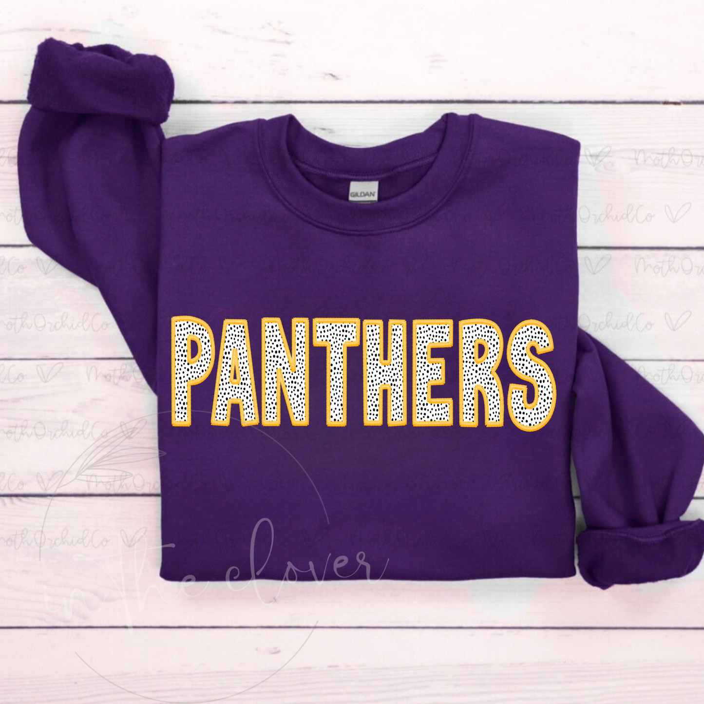 Panthers Gold Faux Embroidery Purple Crewneck