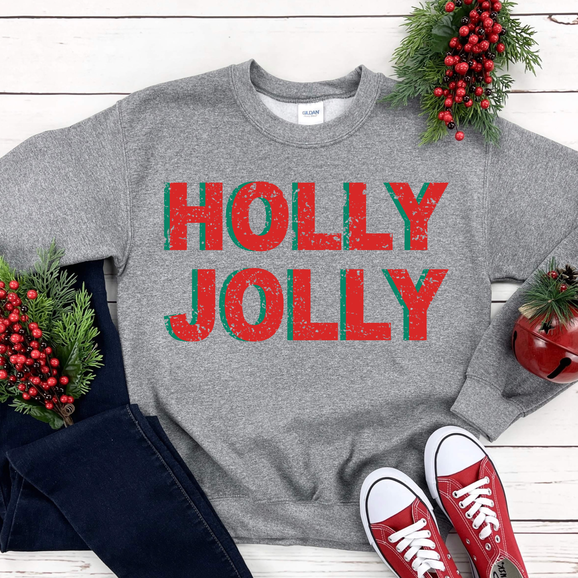 Distressed Holly Jolly Grey Crewneck