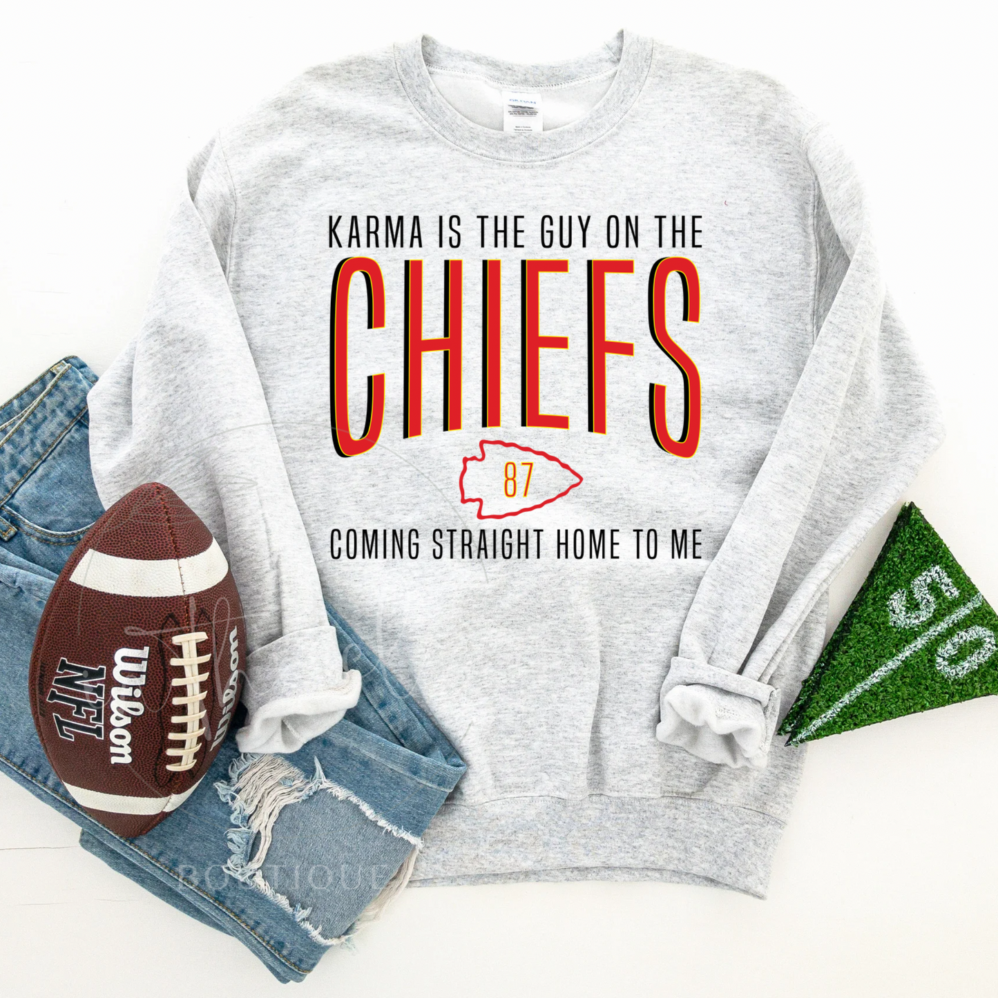 Karma is the Guy on the Chiefs Ash Grey Crewneck