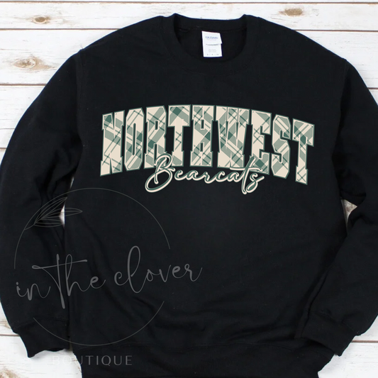 Neutral Plaid Northwest on Black Crewneck