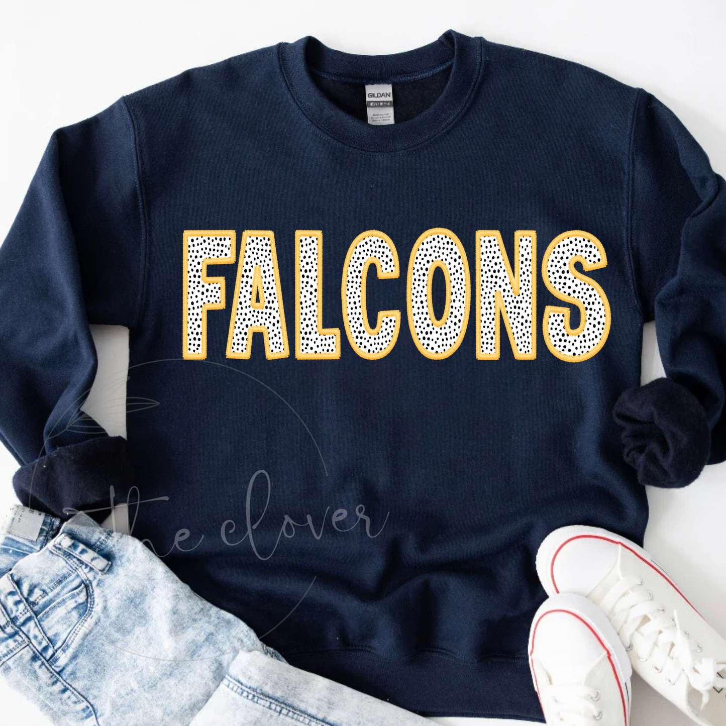 Falcons Gold Faux Embroidery Navy Crewneck