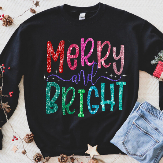 Merry and Bright Faux Glitter Black Crewneck