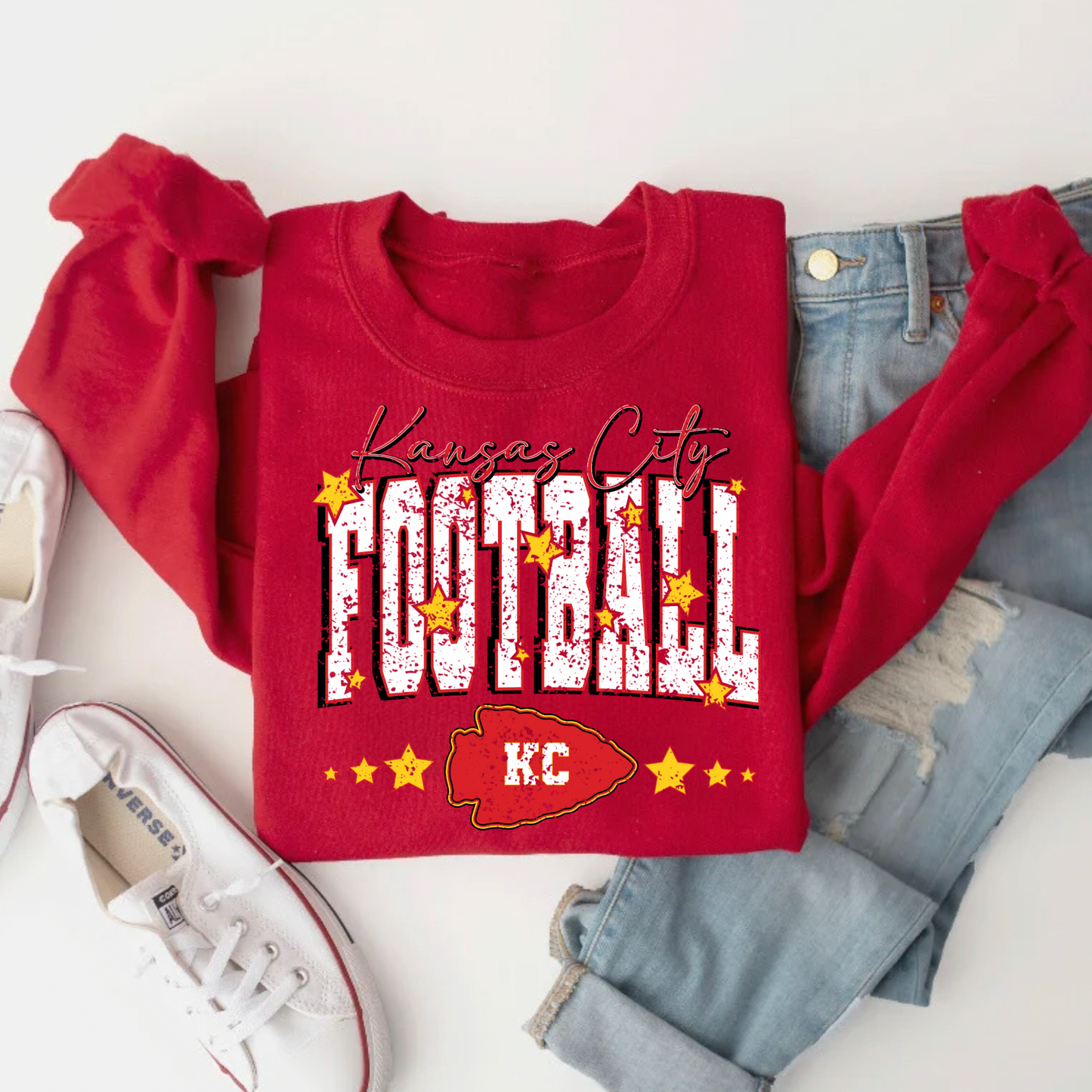 Kansas City Football Star Distressed Red Crewneck