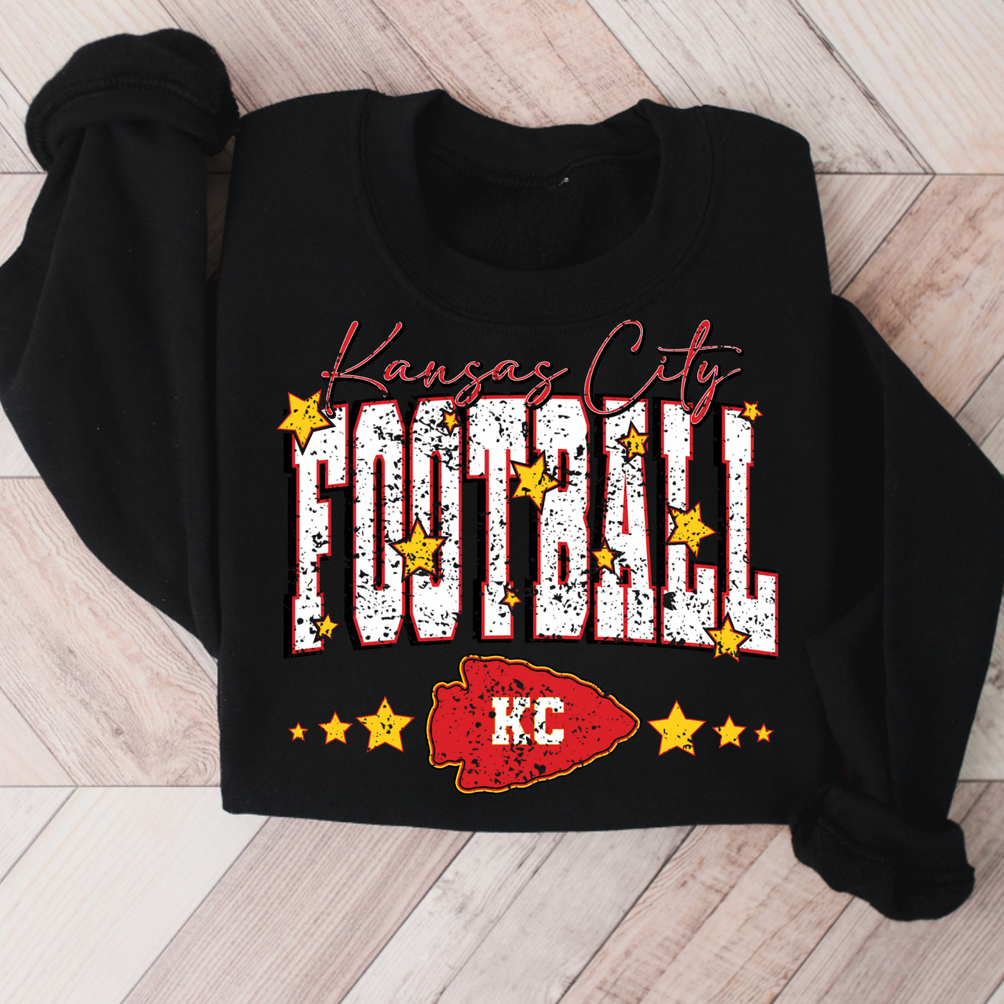 Kansas City Football Star Distressed Black Crewneck