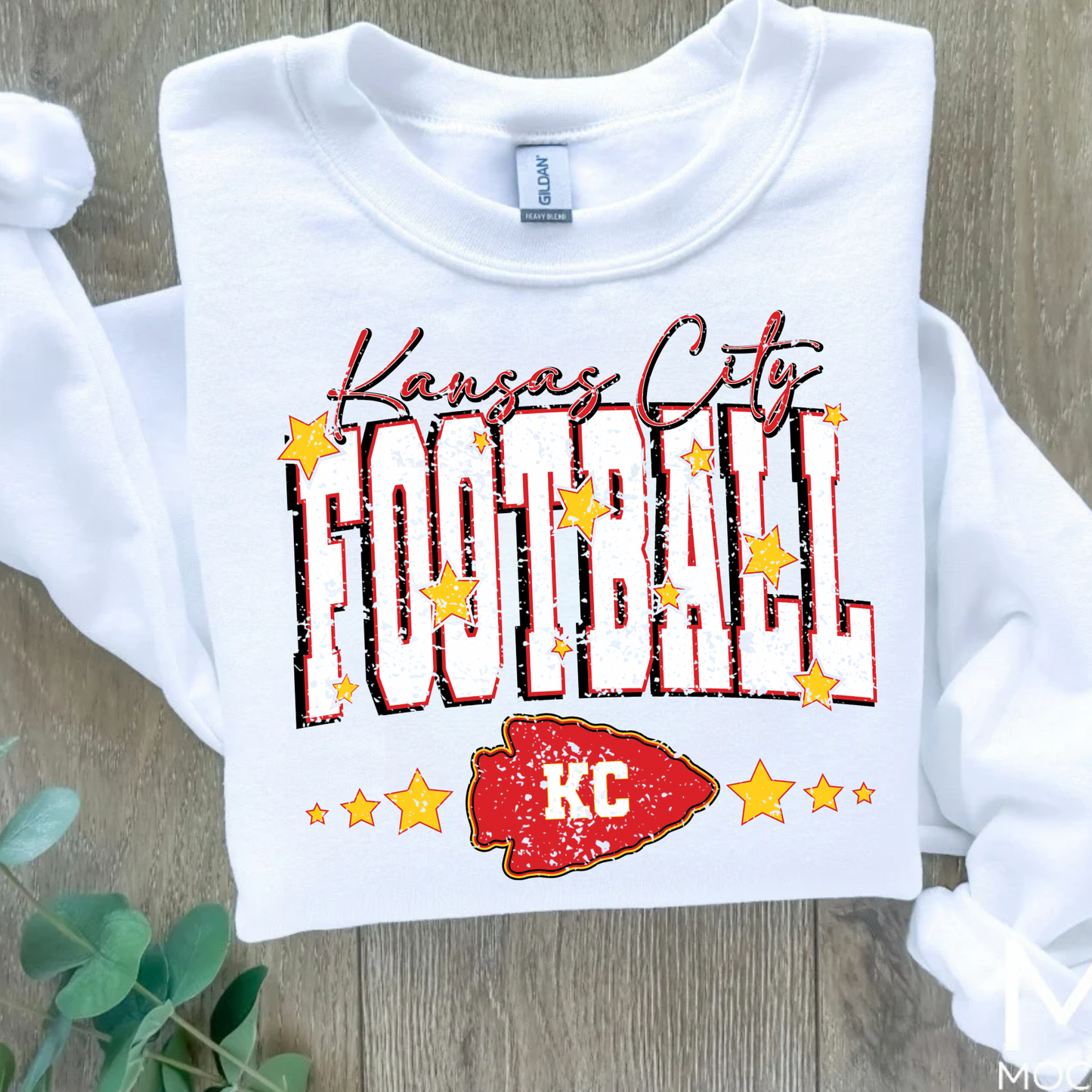 Kansas City Football Star Distressed White Crewneck