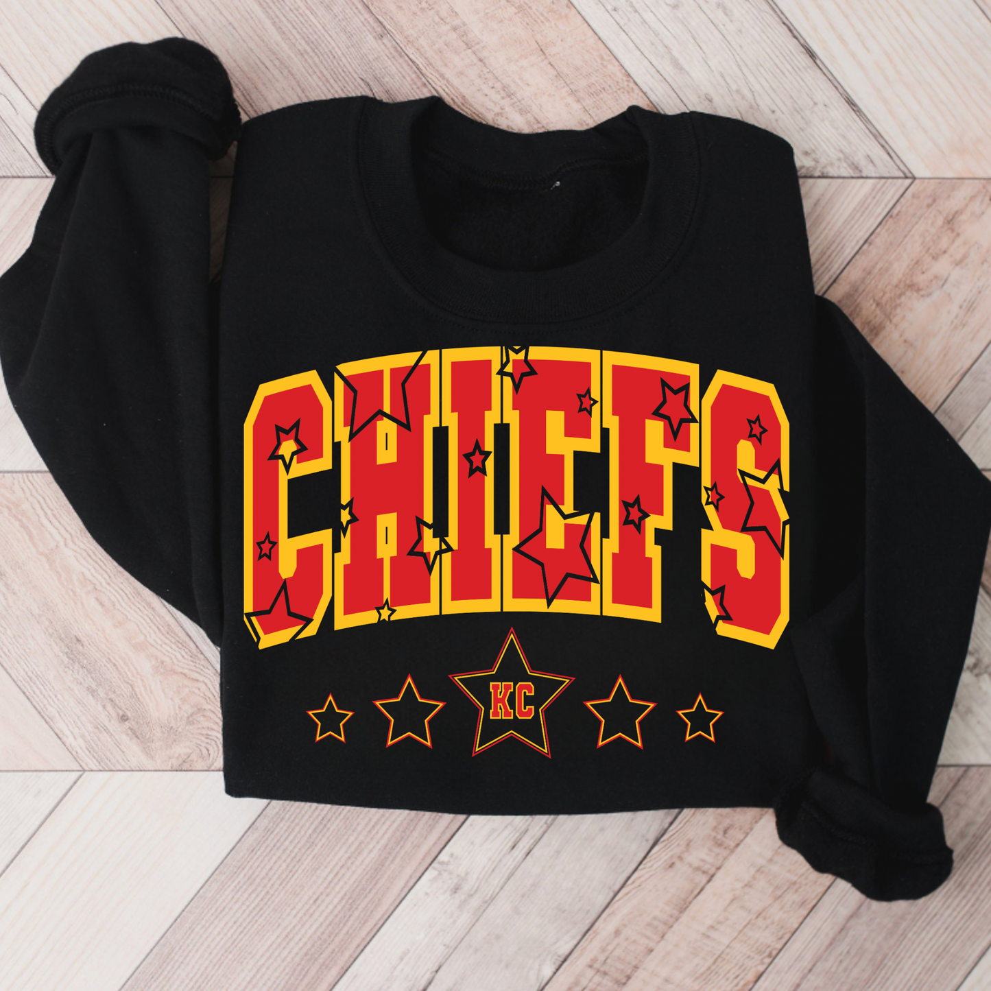 Stars Red/Yellow KC Chiefs Black Crewneck