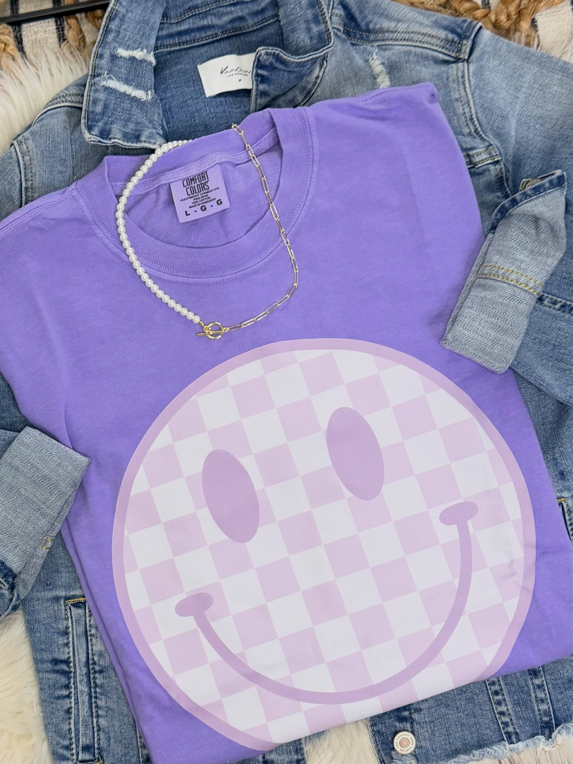 Purple Checkered Smiley - Violet Tee