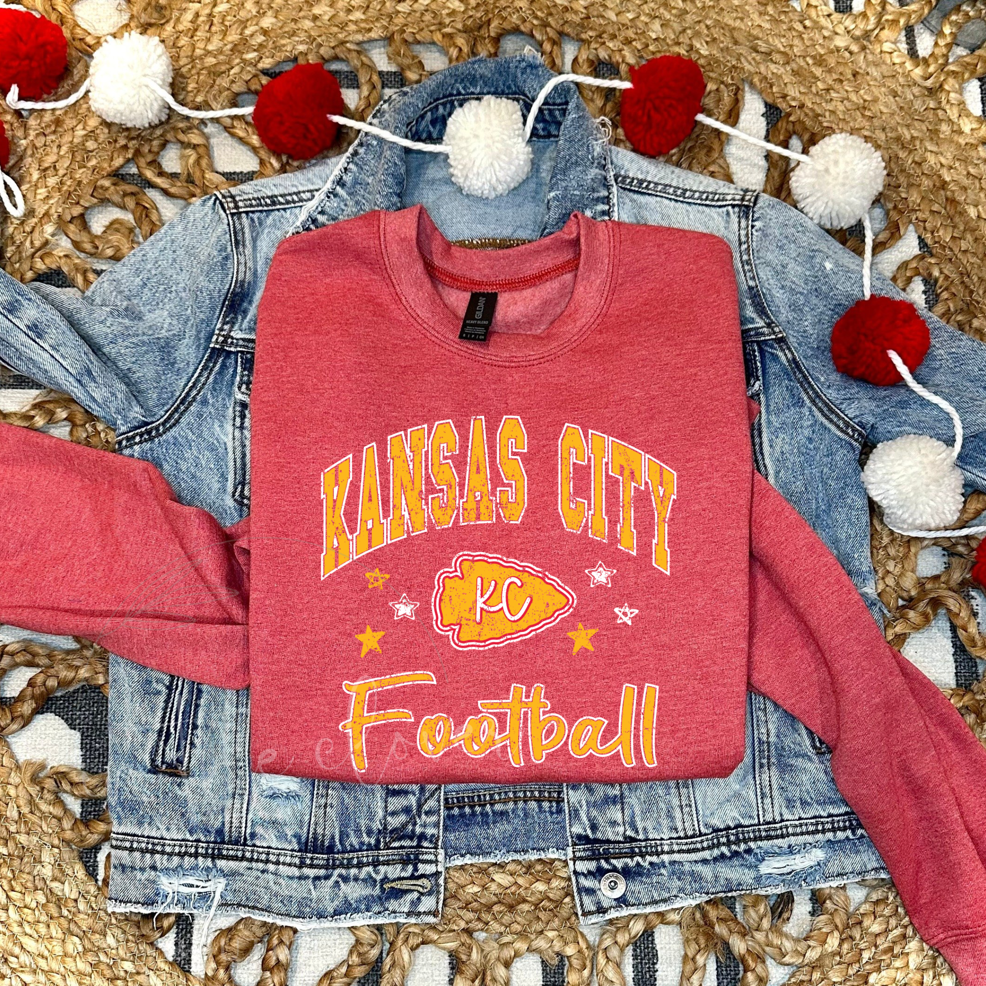 KANSAS CITY FOOTBALL DOODLE STARS - HEATHER RED CREWNECK