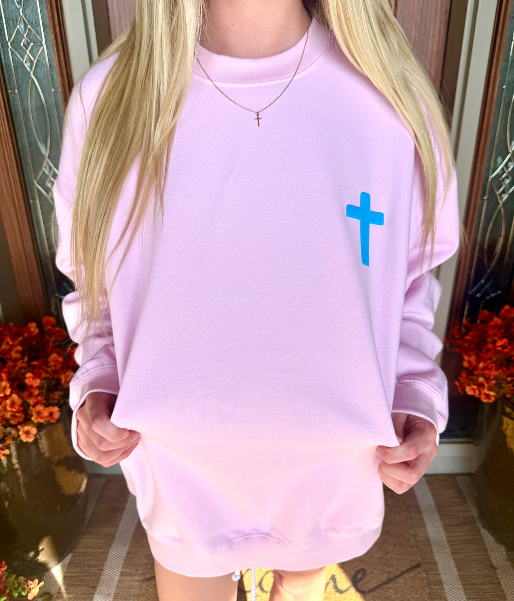 Blue Puff Cross - Pink Crewneck