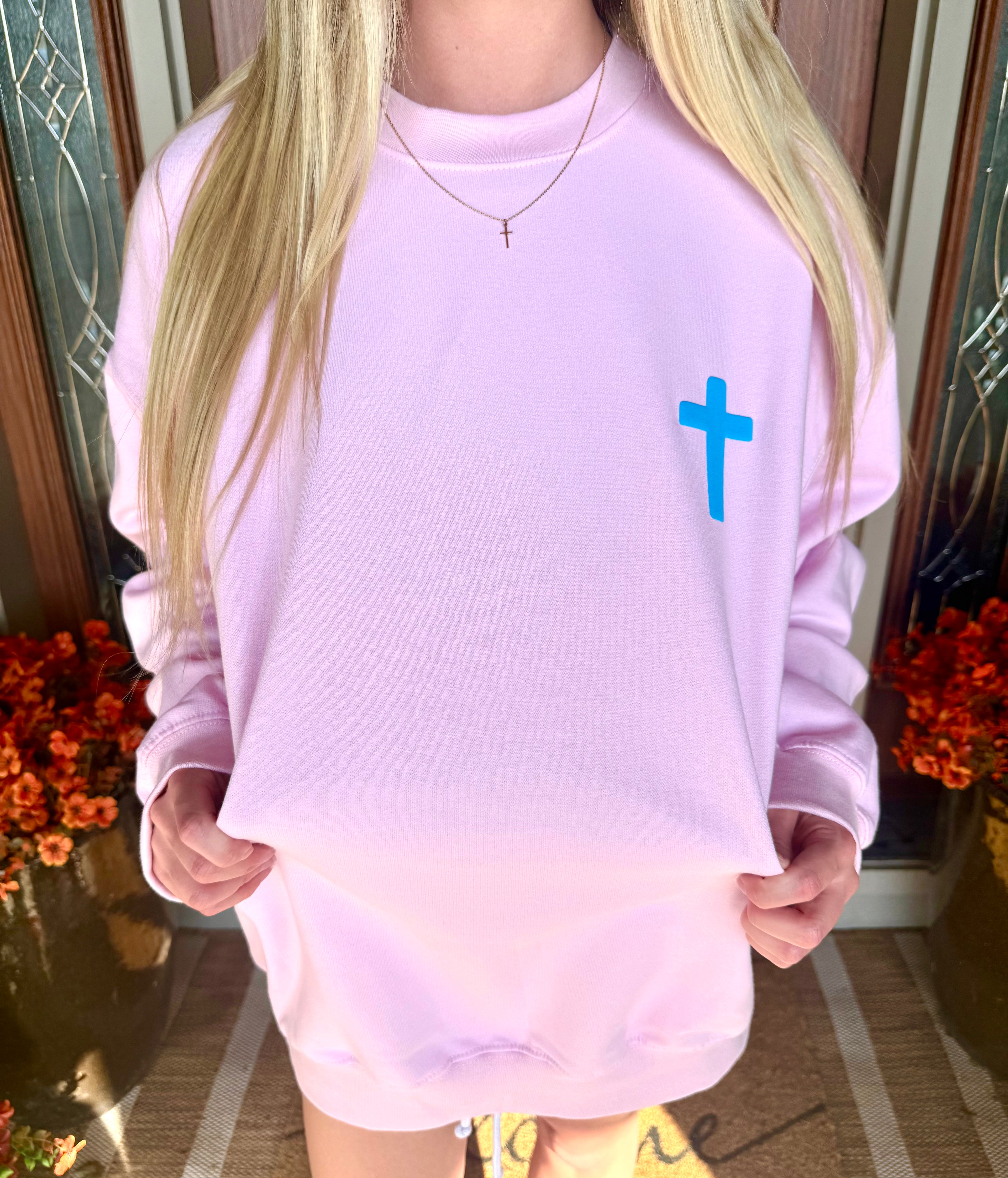 Blue Puff Cross - Pink Crewneck