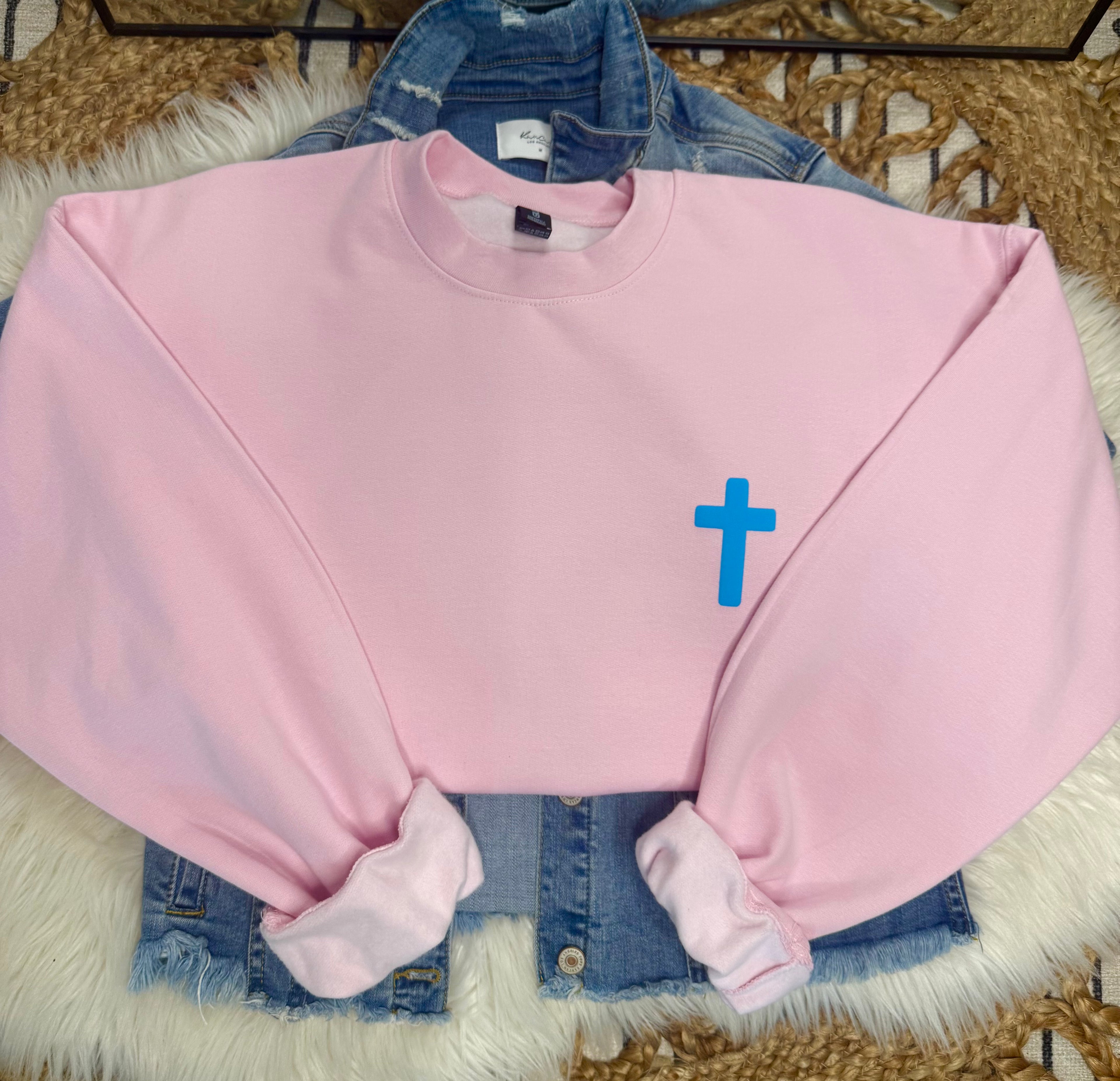 Blue Puff Cross - Pink Crewneck