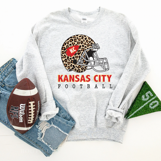 Kansas City Football Leopard Helmet Ash Gray Crewneck