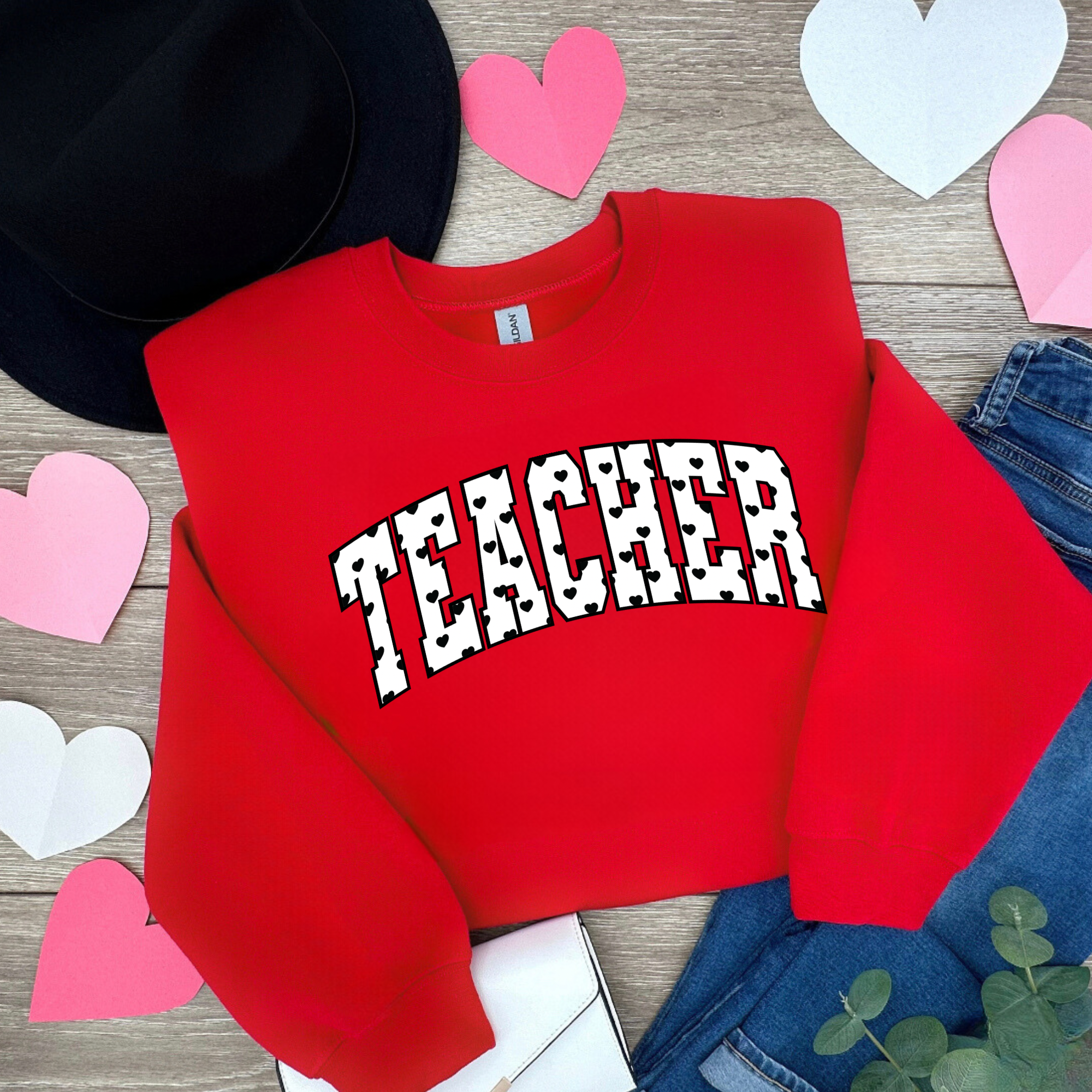 TEACHER HEART - RED CREWNECK