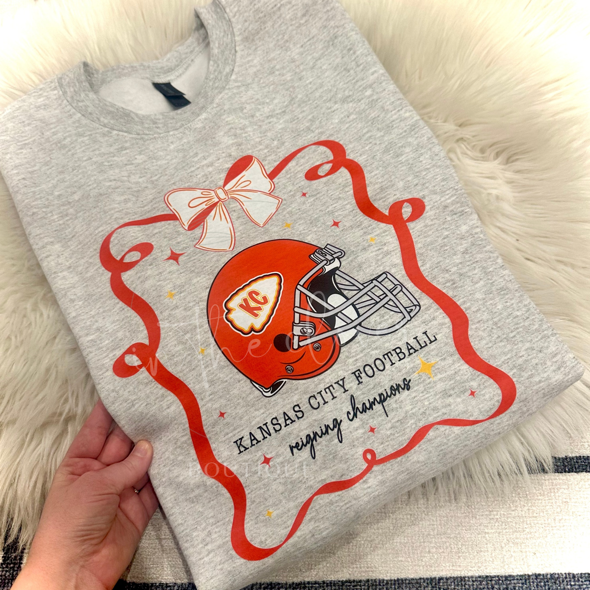 KANSAS CITY FOOTBALL REIGNING CHAMPIONS RIBBON - ASH CREWNECK