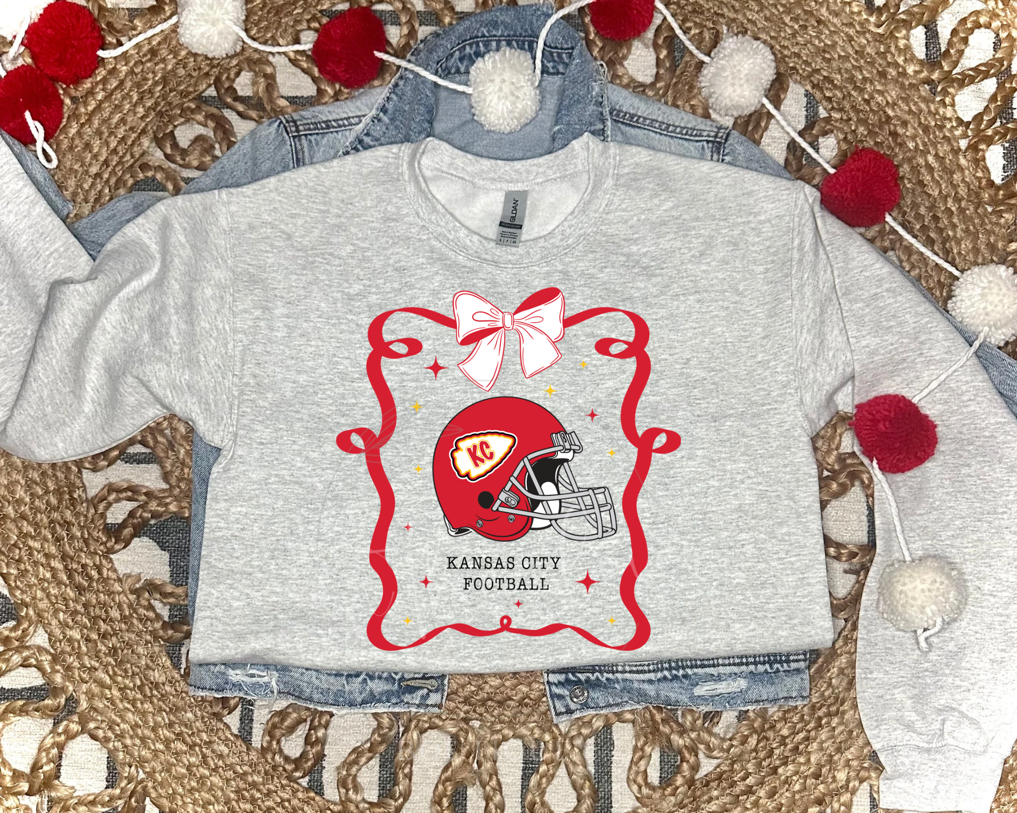 KANSAS CITY FOOTBALL RIBBON - ASH CREWNECK