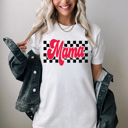 CHECKERED RETRO RED MAMA - WHITE TEE