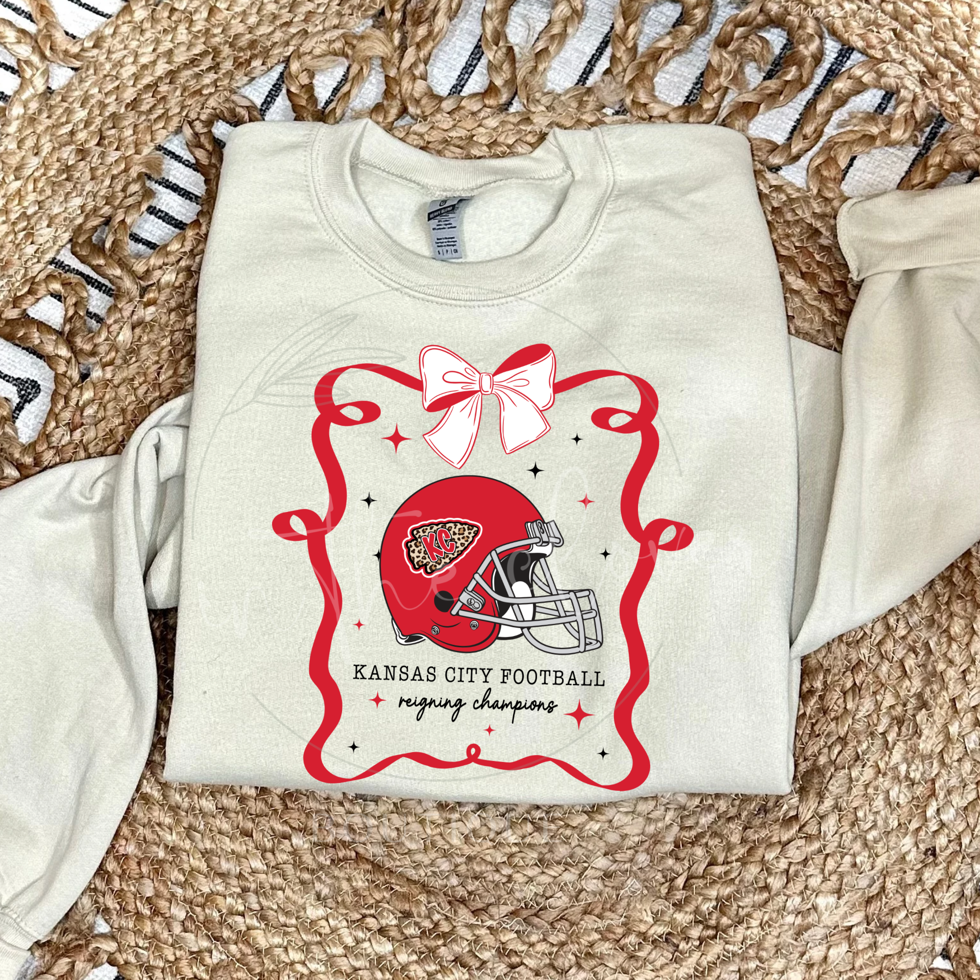 KANSAS CITY FOOTBALL REIGNING CHAMPIONS RIBBON LEOPARD ARROWHEAD - SAND CREWNECK (Copy)