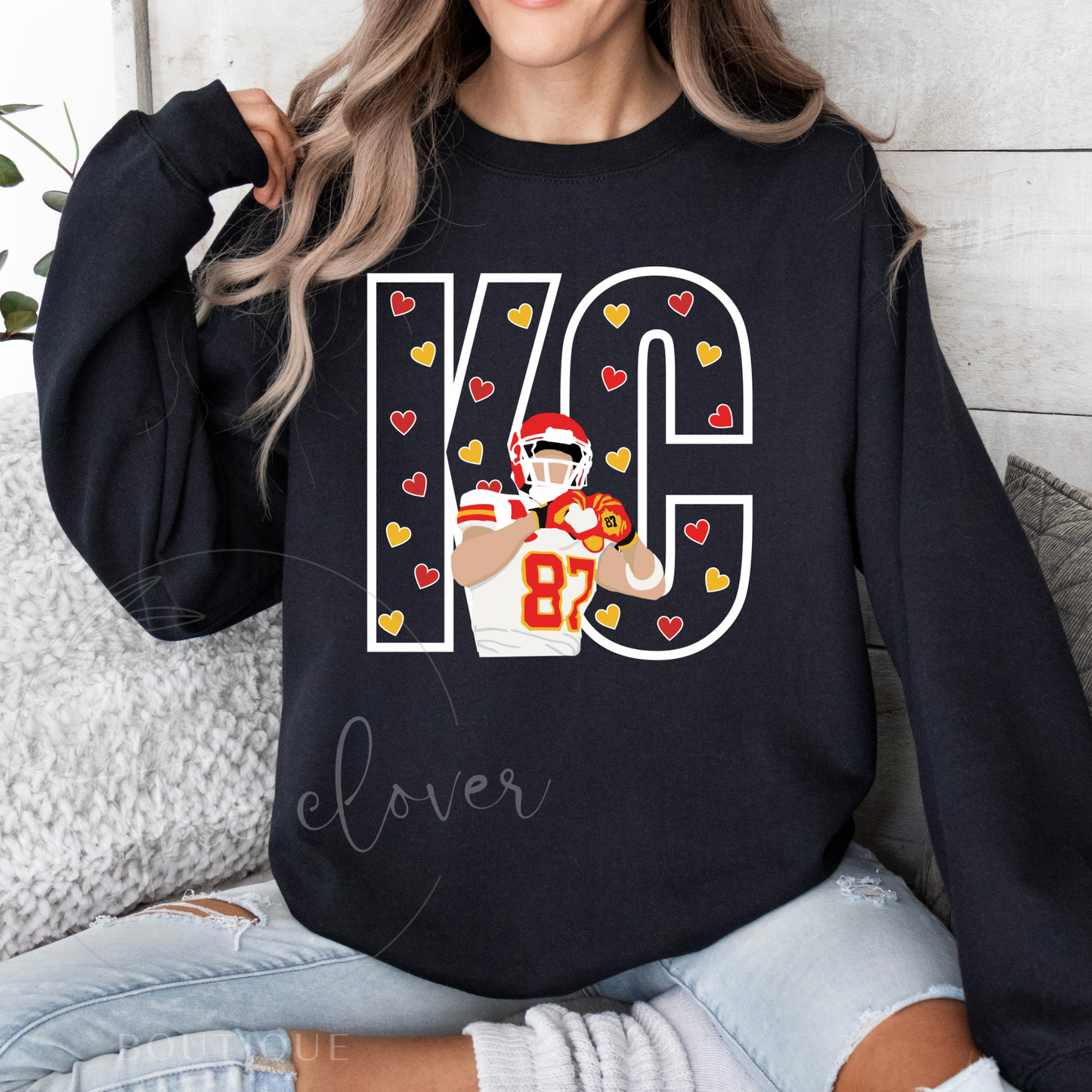 Heart KC Travis Kelce Black Crewneck