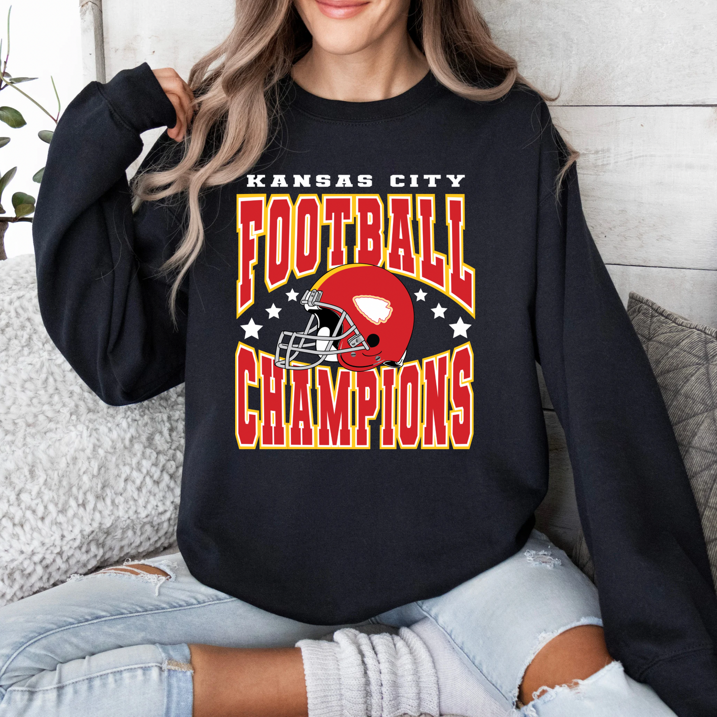 Kansas City Football Helmet Champions Black Crewneck