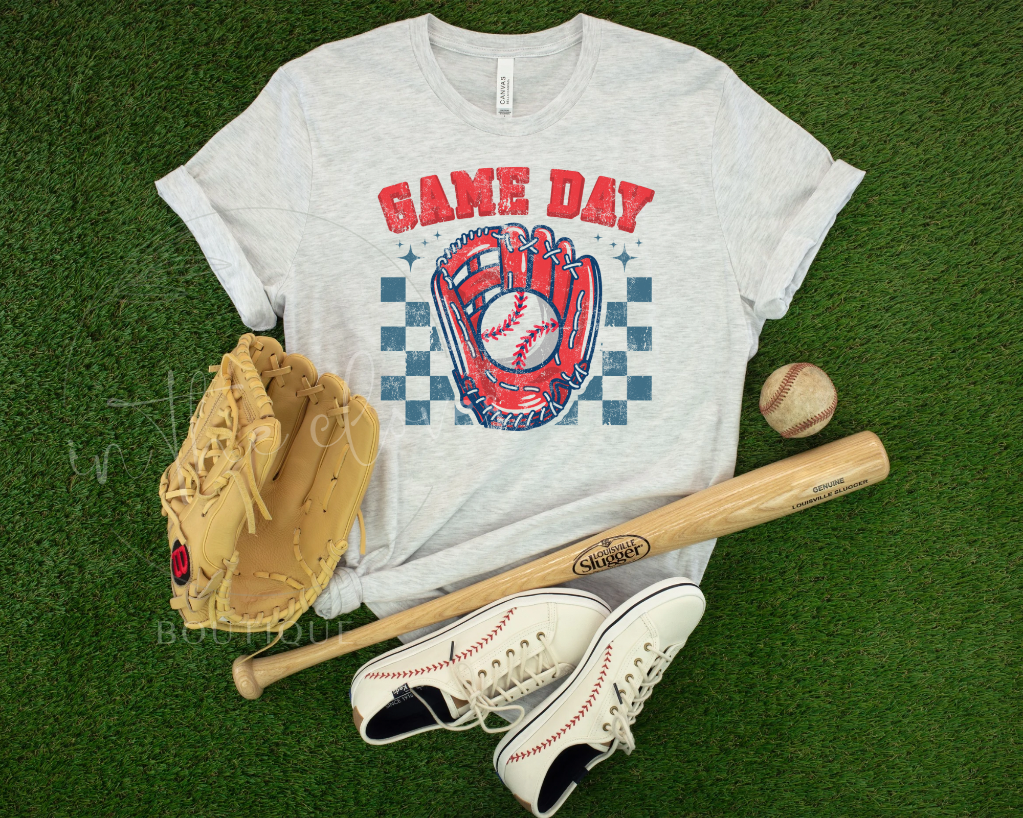 CHECKERED BASEBALL GAME DAY WITH BALL GLOVE- ASH TEE