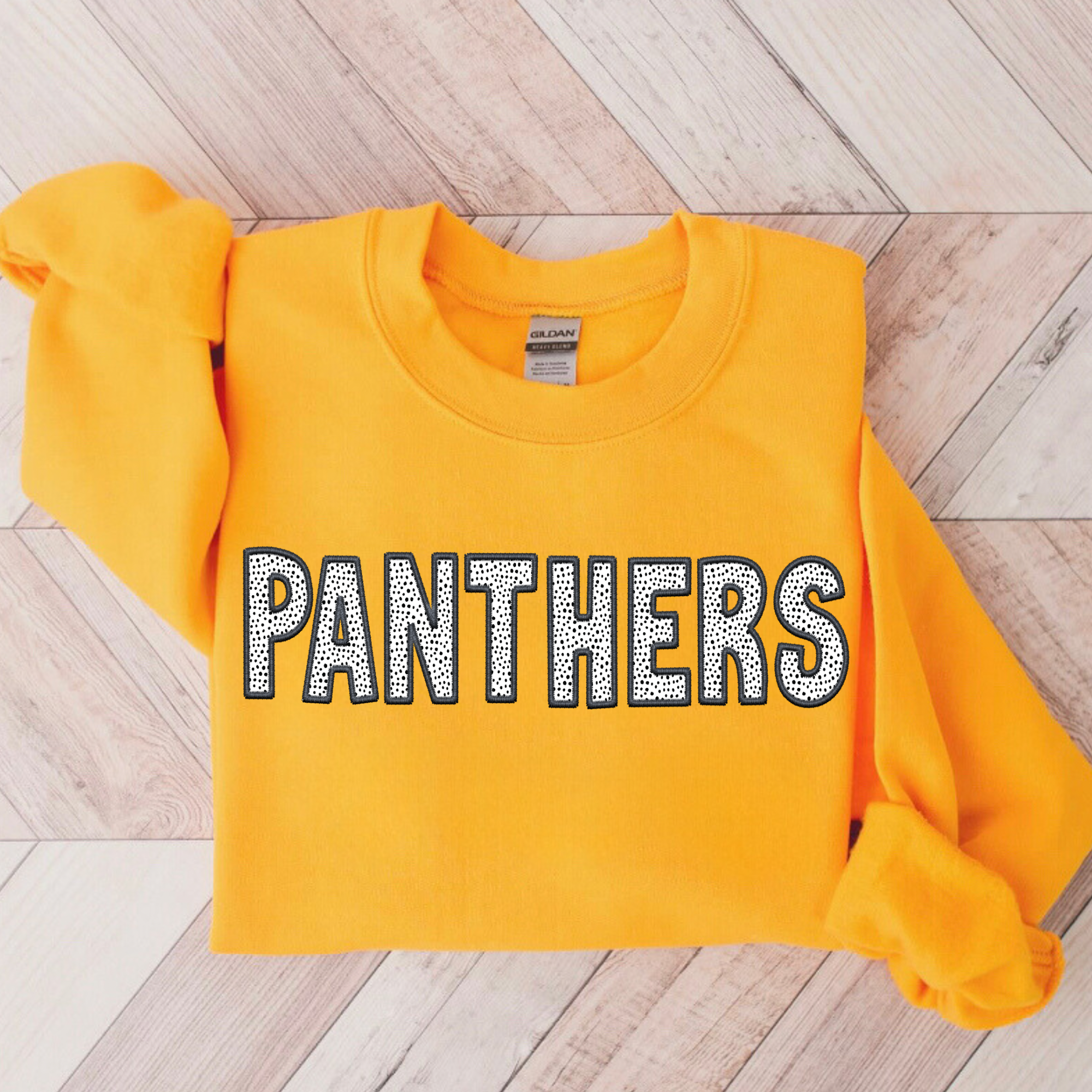 Panthers Faux Embroidery Gold Crewneck