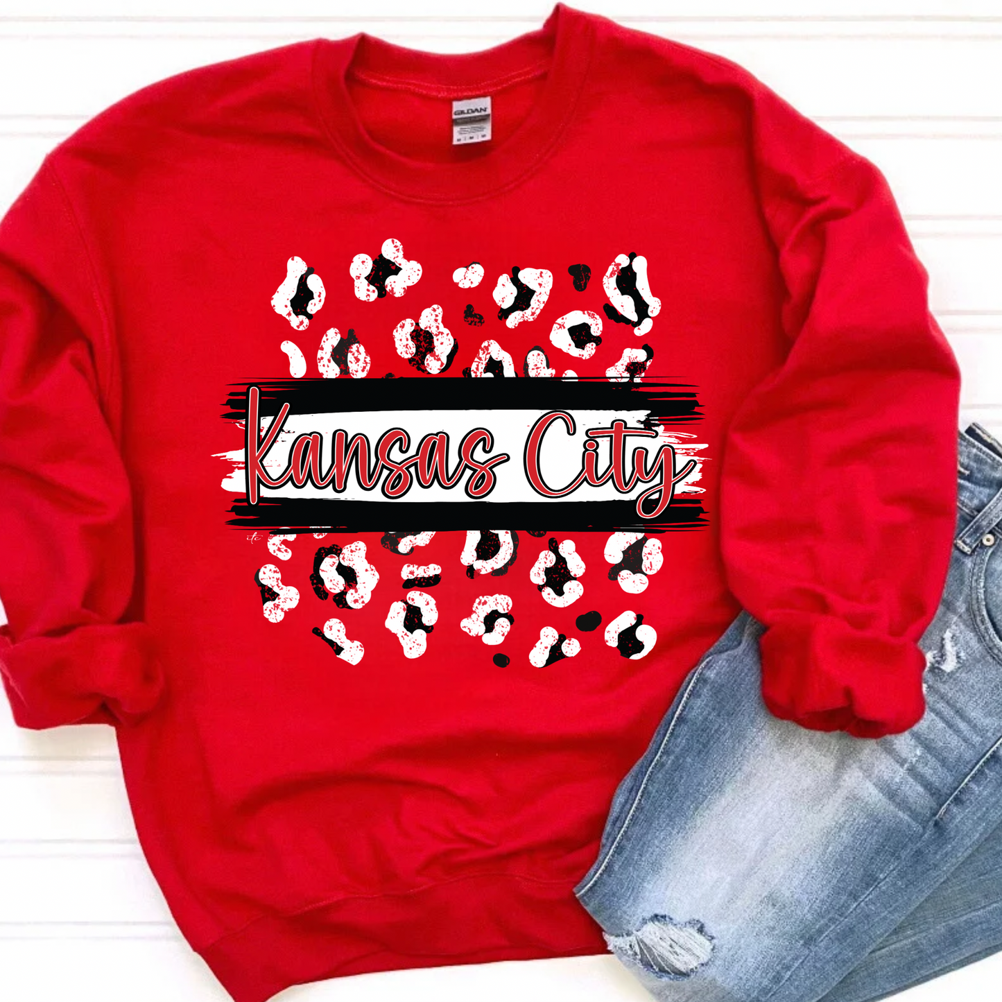 Distressed Leopard Kansas City Red Crewneck