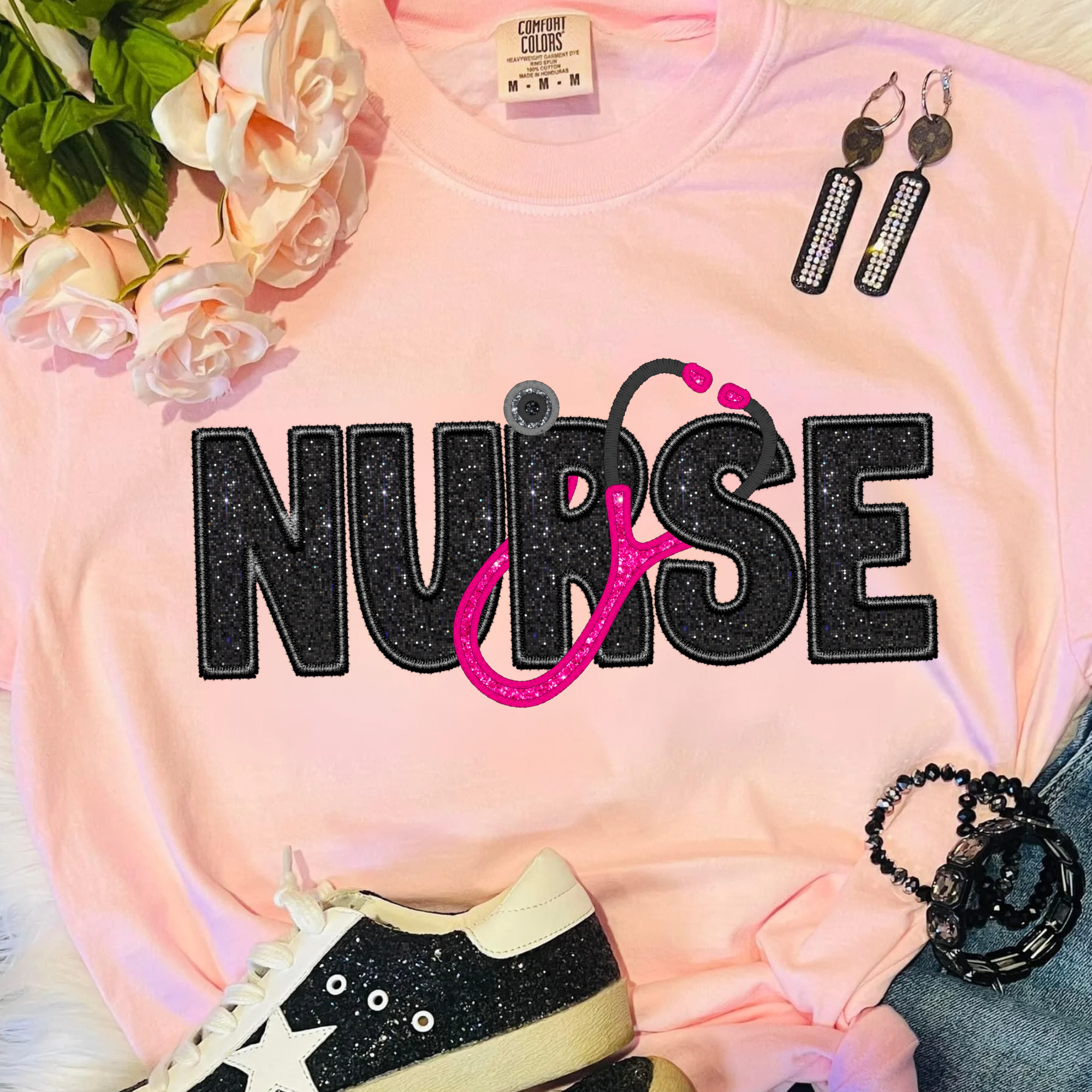 Faux Embroidered Nurse - PINK TEE